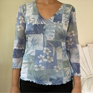 Y2K Vintage Blue Tropical 90's Semi Sheer Mesh Top